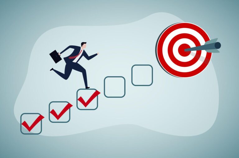 A man climbing up a career ladder to achieve career goal