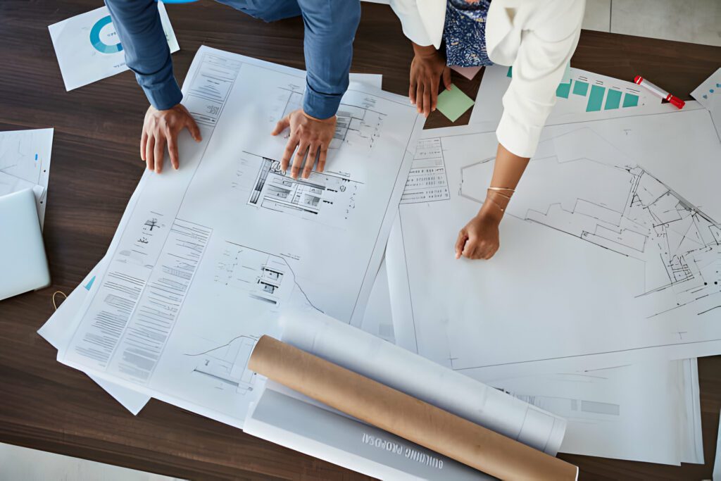 project management business people hands with floor plan paper or charts for analysis. Teamwork, collaboration and design workers with strategy, mission or goal