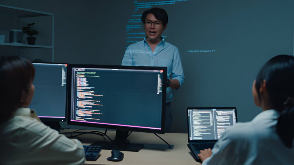 Cybersecurity team being mentored by a leader